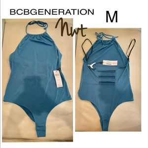 NWT (M) (orS) TEAL BCBGENERATION NEW BODYSUIT ruched highneck hollow cutout back